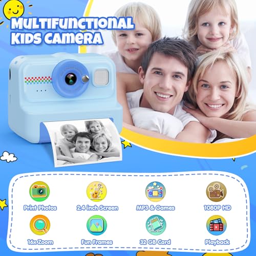 1080P HD Kids Instant Print Camera with 3 Rolls Print Paper & 32GB Card (Black) Q70614