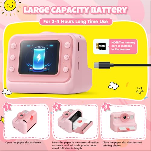 1080P HD Kids Instant Print Camera with 3 Rolls Print Paper & 32GB Card (Black) Q70614