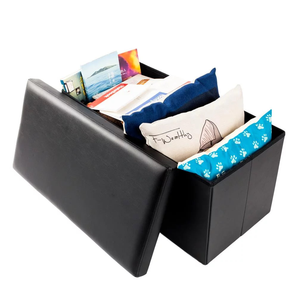 Black Faux Leather Folding Footstool Rectangle Storage Ottoman D8263