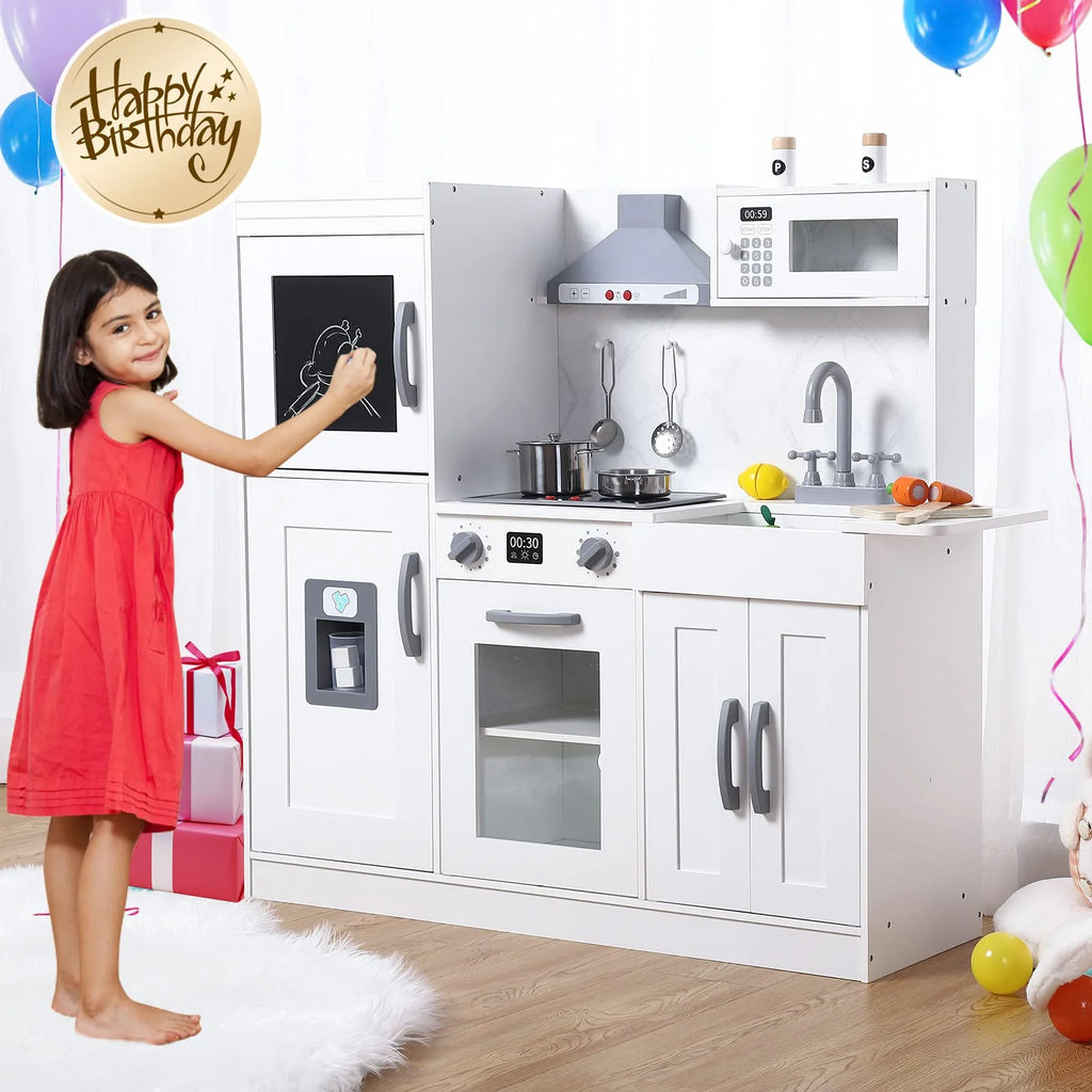 White Wooden Kids Kitchen Playset with 20 PCS Cookware Accessories Y39297
