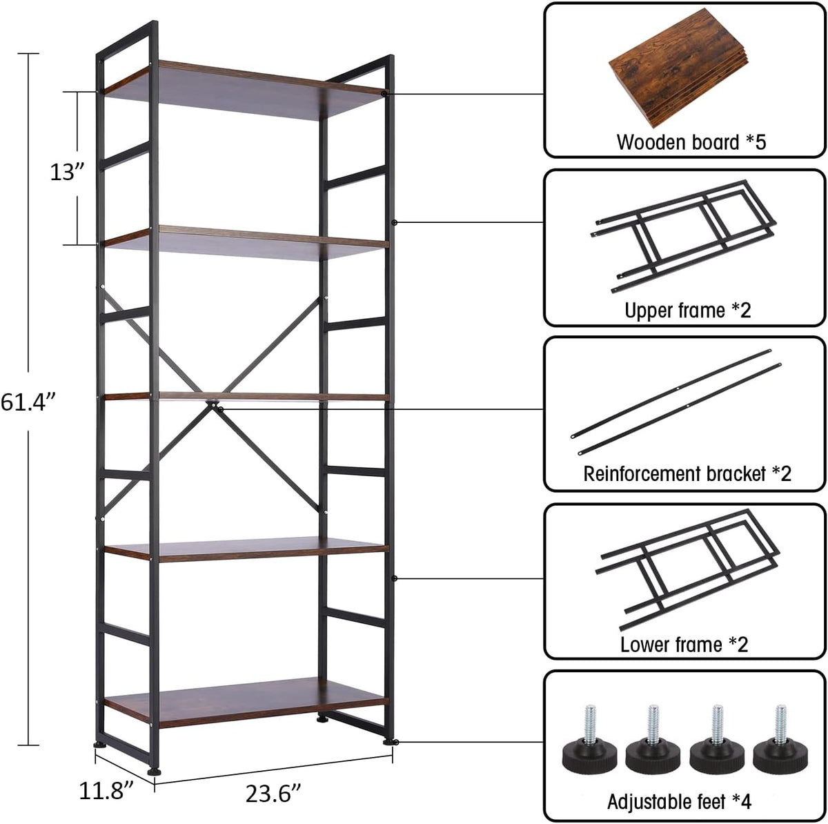 5-Tier Wood and Metal Frame Bookshelf D23598