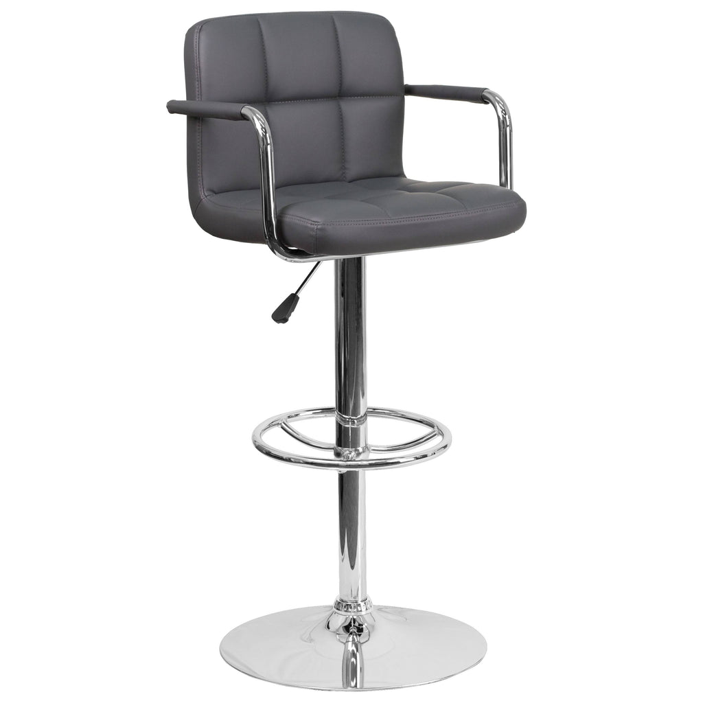 Gray Quilted Vinyl Adjustable Height Barstool with Arms and Chrome Base F35539