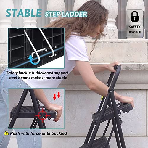 3 Step Folding Steel Step Ladder with Handgrip, 500 Lbs, Black T936