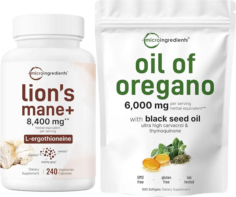 Oil of Oregano Softgels 300 Count & Lions Mane 240 Veggie Capsules 2 Pack R947782
