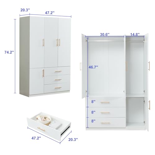 White 4 Doors 3 Drawers Wooden Closet Cabinet Wardrobe Armoire E390