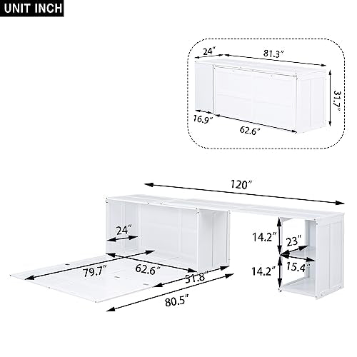 White Wood Queen Size Murphy Bed with Desk H115