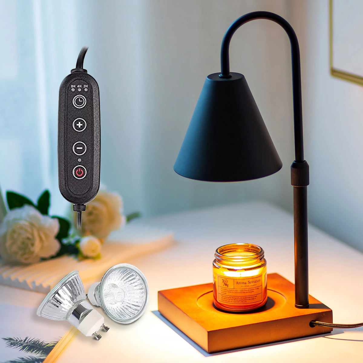 Black Walnut Electric Candle Warmer with Adjustable Height Dimmable Light 2 Bulbs Z869985