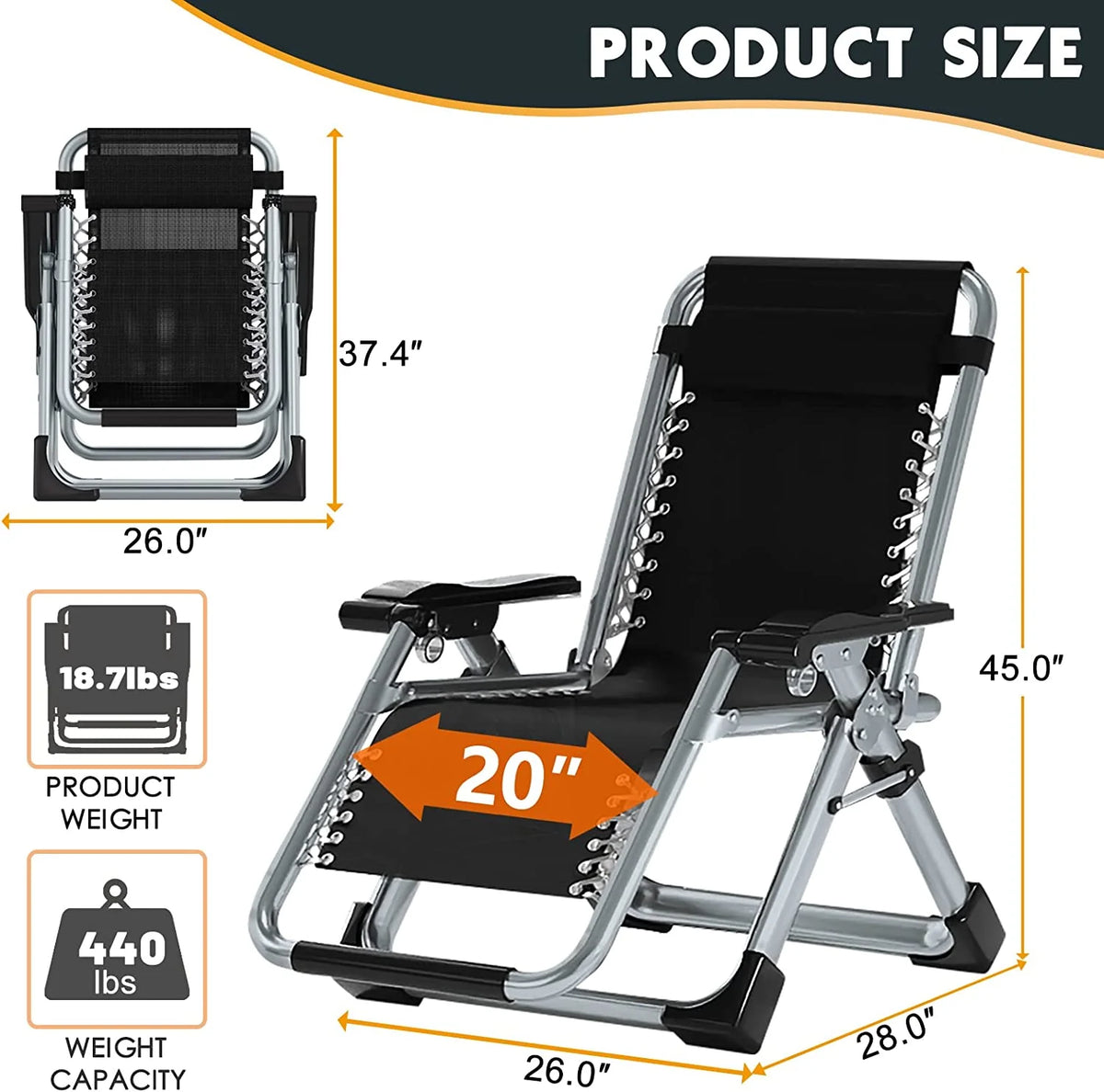Zero Gravity Reclining Patio Folding Chair with Removable Cushion, Cup Holder, Support 440 LBS F930