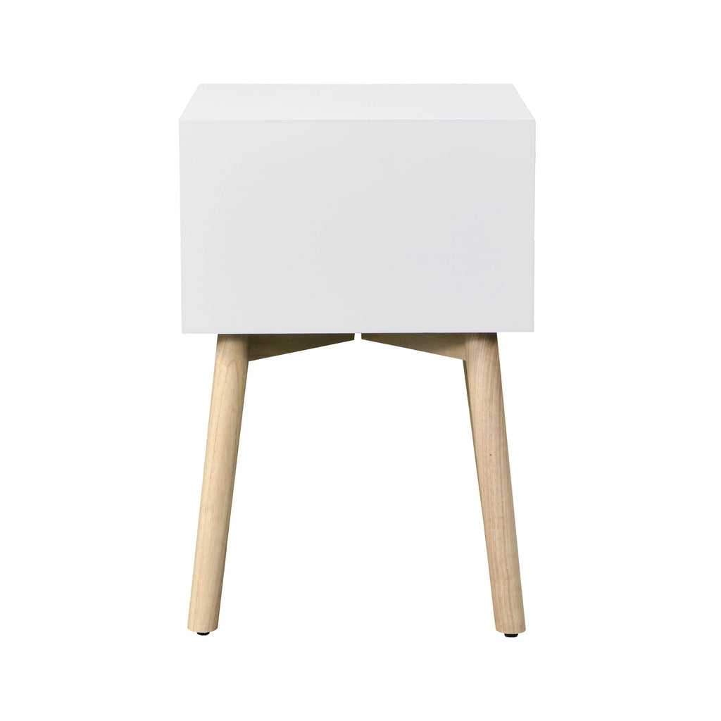 White Bedside Table with 2 Drawers and Rubber Wood Legs Y6259