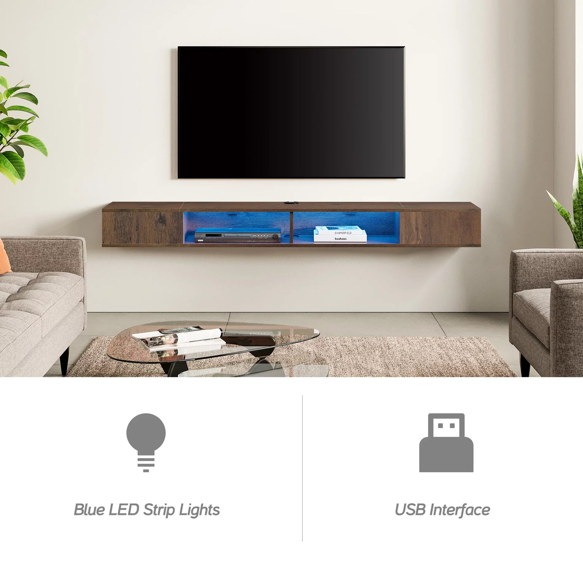 Brown Floating TV Stand with Lights for 65/75/80 Inch TV M66814
