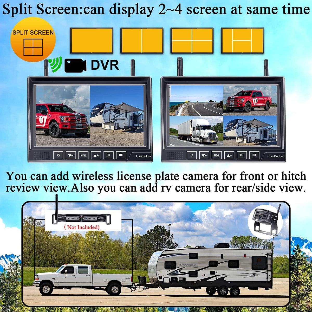 Wireless 7 Inch HD 1080P DVR Monitor with 2 Rear View Cameras W832