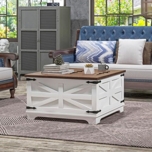 Distressed White & Brown Square Storage Coffee Table with Hinged Lift Top X4558