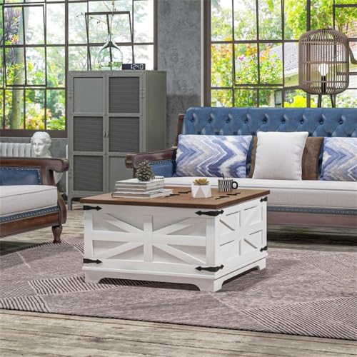 Distressed White & Brown Square Storage Coffee Table with Hinged Lift Top X4558