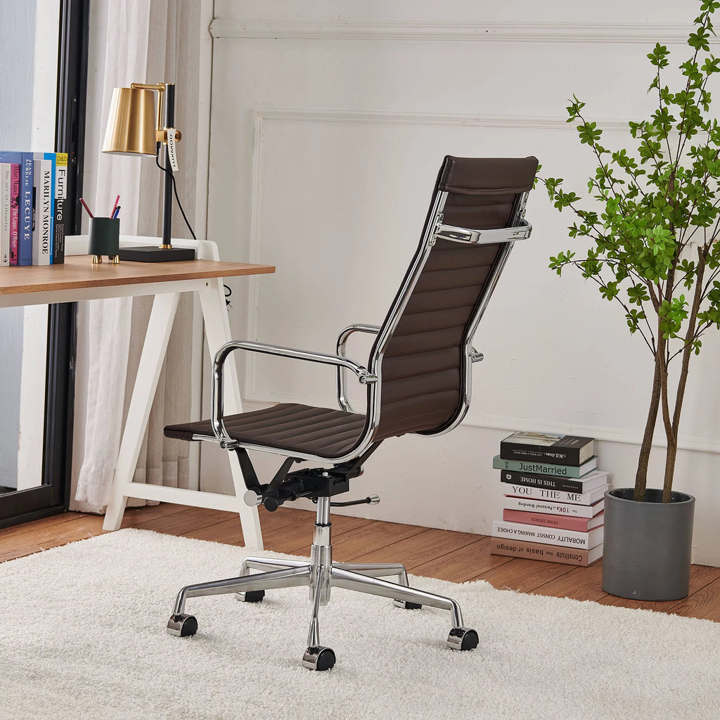 High Back Executive Office Chair with Armrest Adjustable Swivel Vegan Leather Brown D633