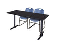 60x22 Training Table Mocha Walnut and 2 Stack Chairs Blue A50614