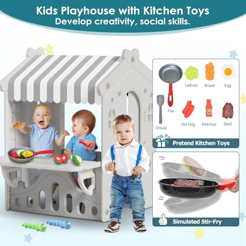 Kids Playhouse with Pretend Play Kitchen Toys Set Beige Gray X87239