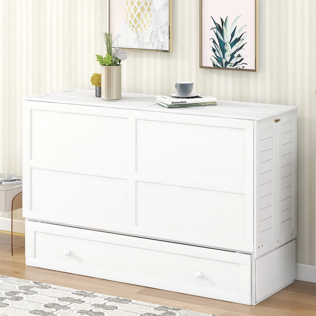 Queen Size Solid Wood Murphy Platform Bed with Drawer P6248