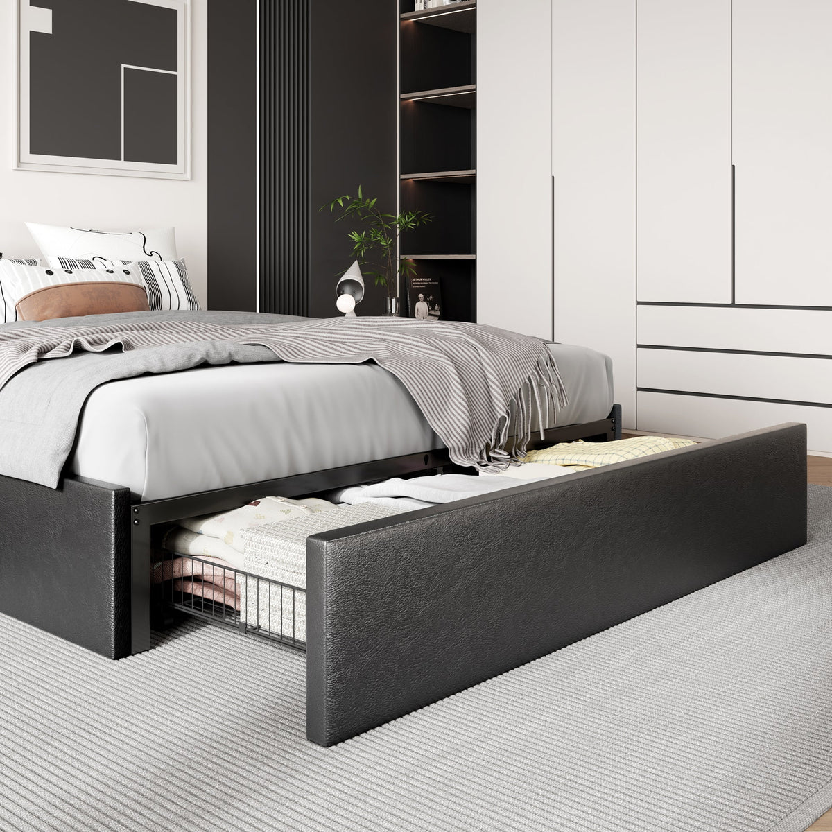 Dark Grey Queen Size Platform Bed Frame with 3 Storage Drawers T2782