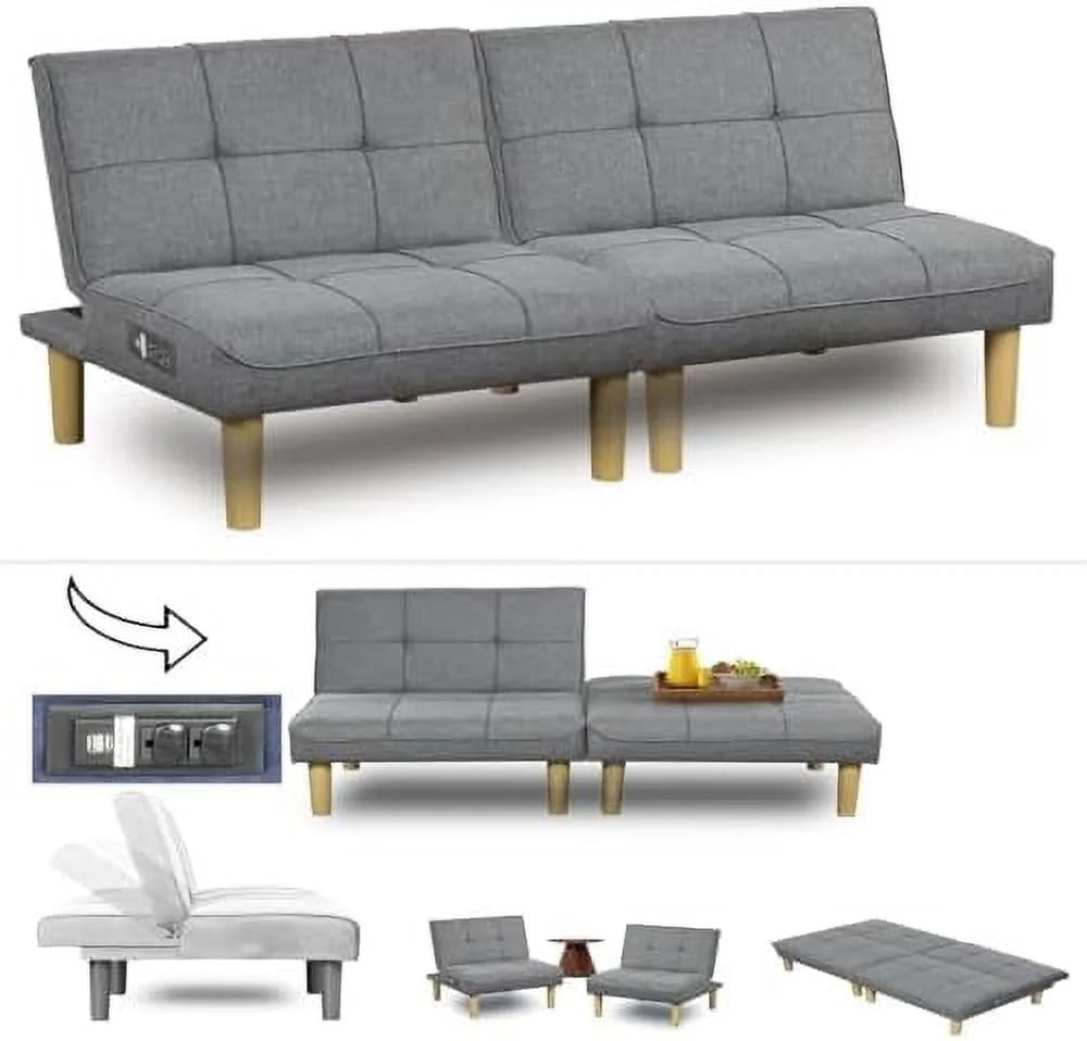 Comfy Convertible 2 Seater Futon Sofa Couch with USB Port Armless Adjustable Backrest D902