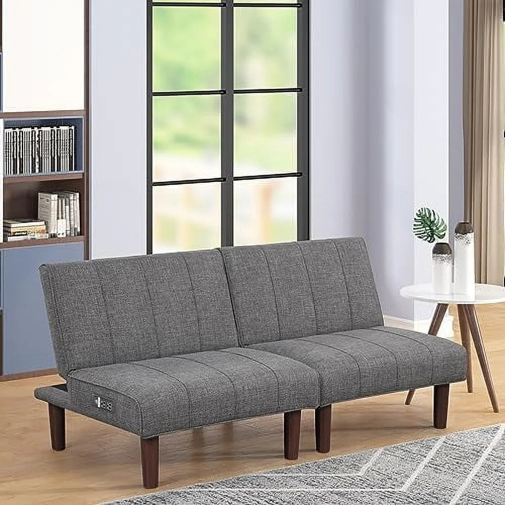 Comfy Convertible 2 Seater Futon Sofa Couch with USB Port Armless Adjustable Backrest D902