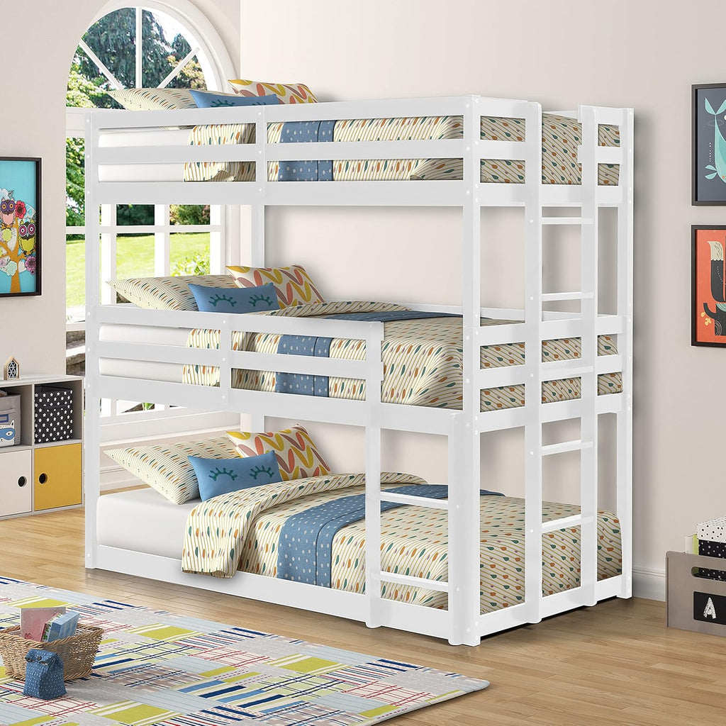 Twin Size Wood Triple Bunk Bed with Guard Rail and Ladder M469033