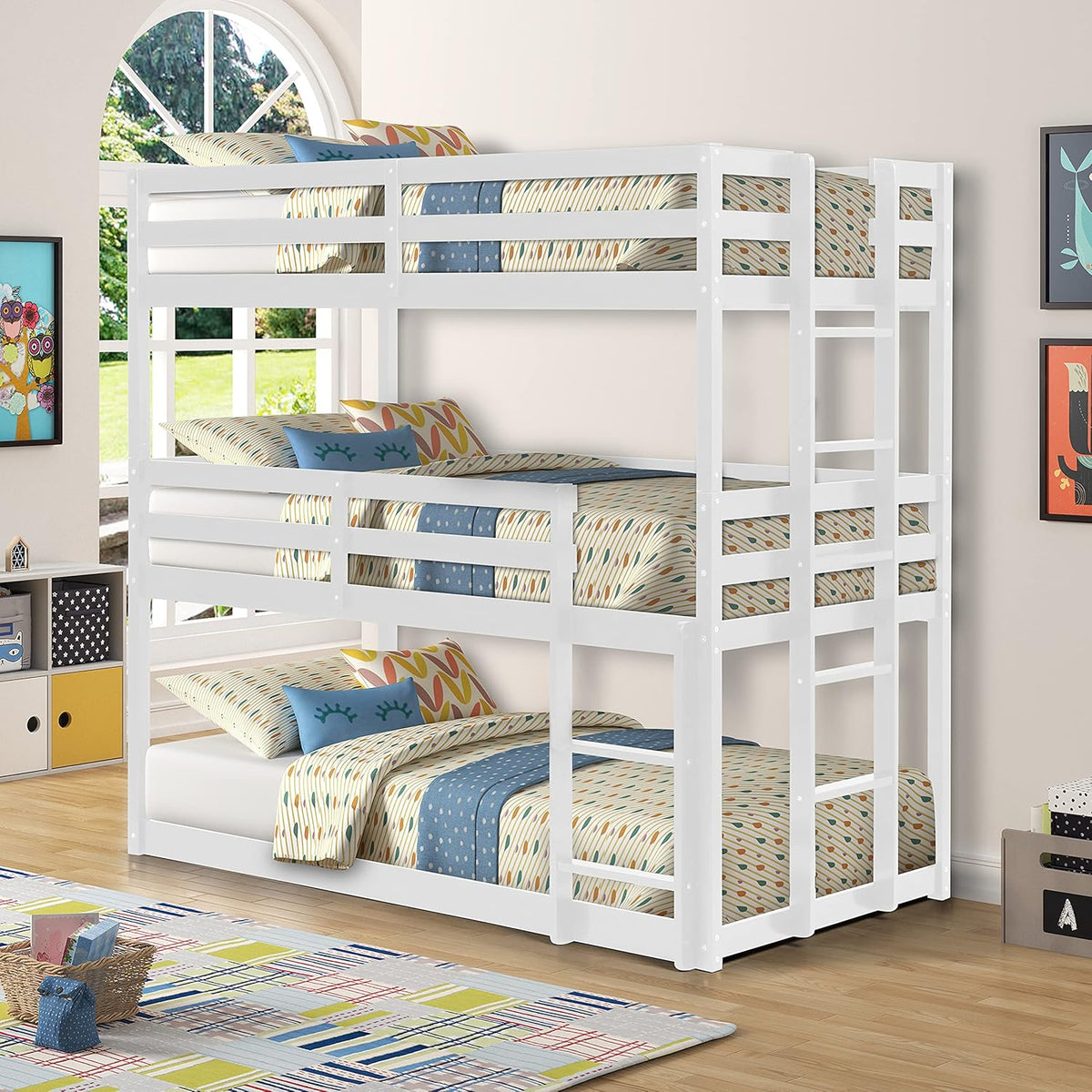 Twin Size Wood Triple Bunk Bed with Guard Rail and Ladder M469033