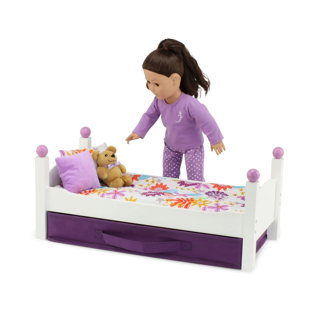 18 Inch Doll Bed with Fabric Storage Bin and Reversible Doll Bedding M29180