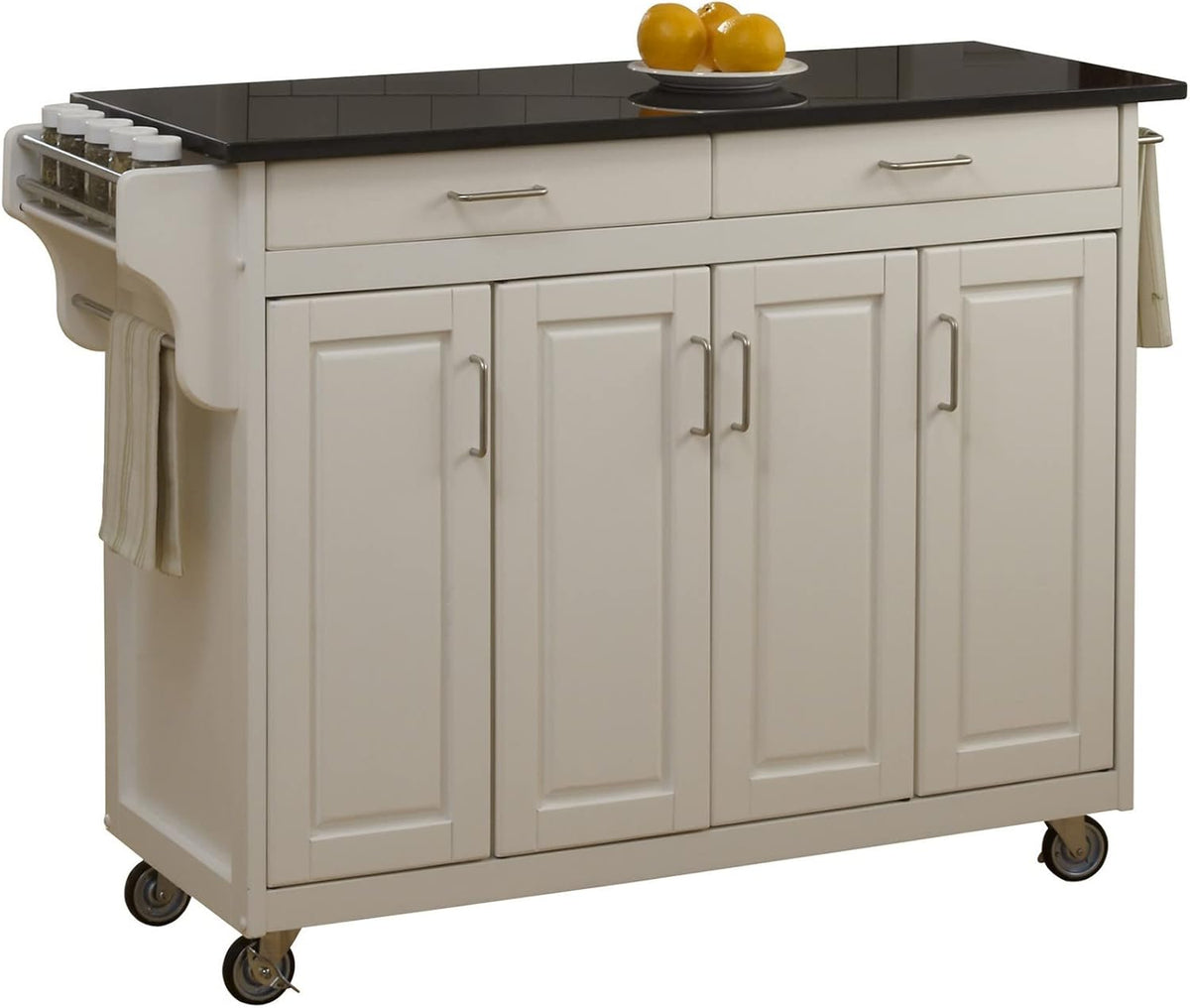 White Finish Four Door Kitchen Cart with Black Granite Top K84841