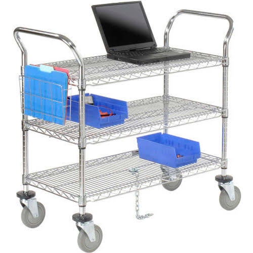 Utility Cart, 3 Shelf, Chrome, Polyurethane Casters U121