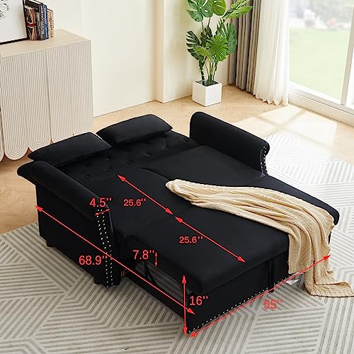 Black Velvet Convertible Sofa Bed with 2 Lumbar Pillows V914536