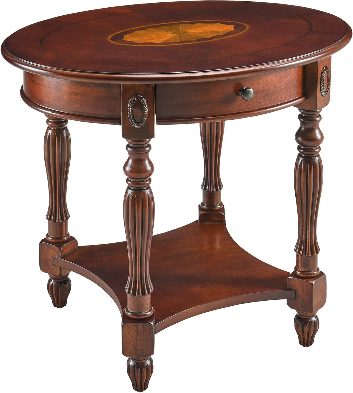 Solid Wood Oval End Table with Tempered Glass and Storage Shelf Walnut E7780