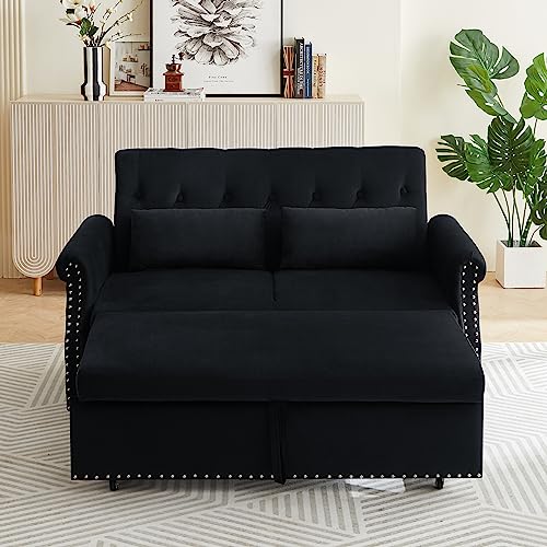 Black Velvet Convertible Sofa Bed with 2 Lumbar Pillows V914536
