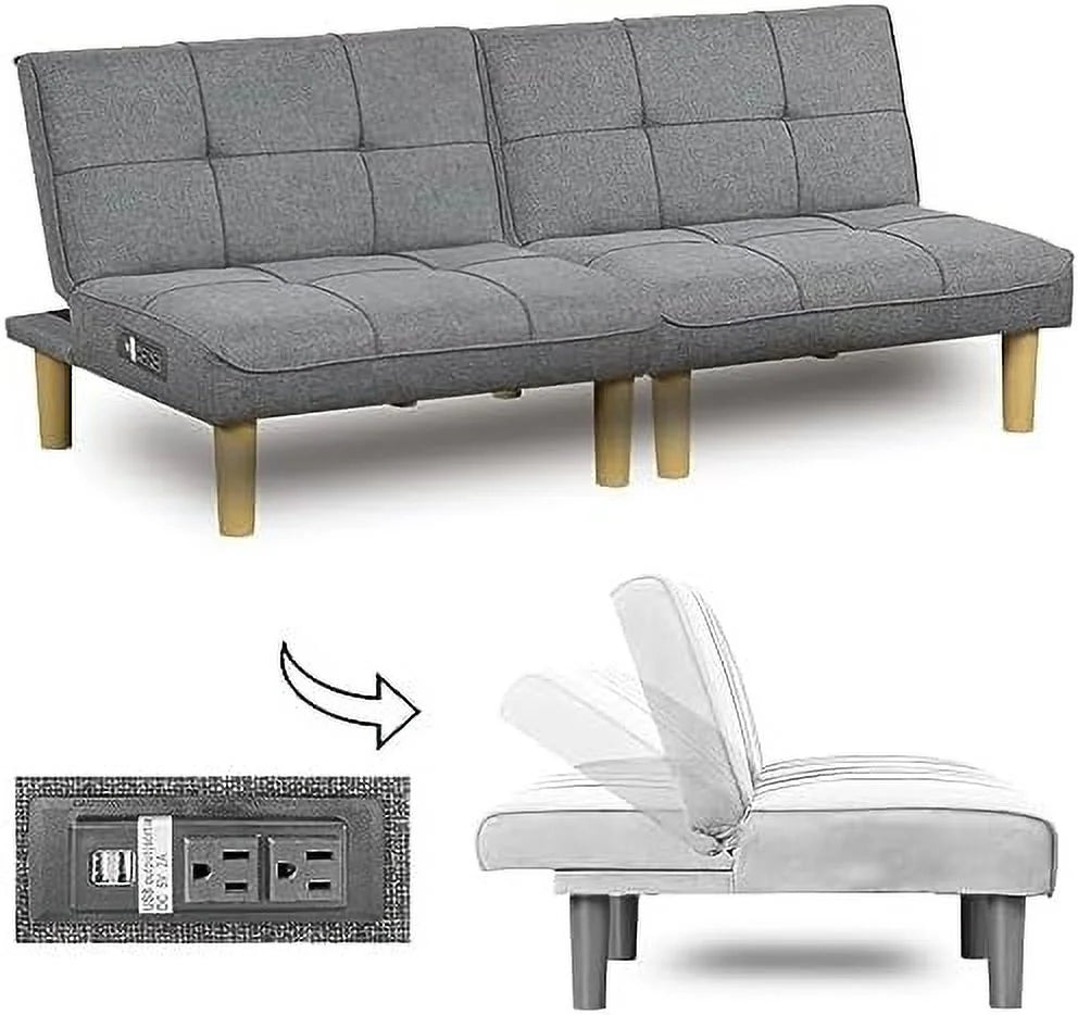 Comfy Convertible 2 Seater Futon Sofa Couch with USB Port Armless Adjustable Backrest D902