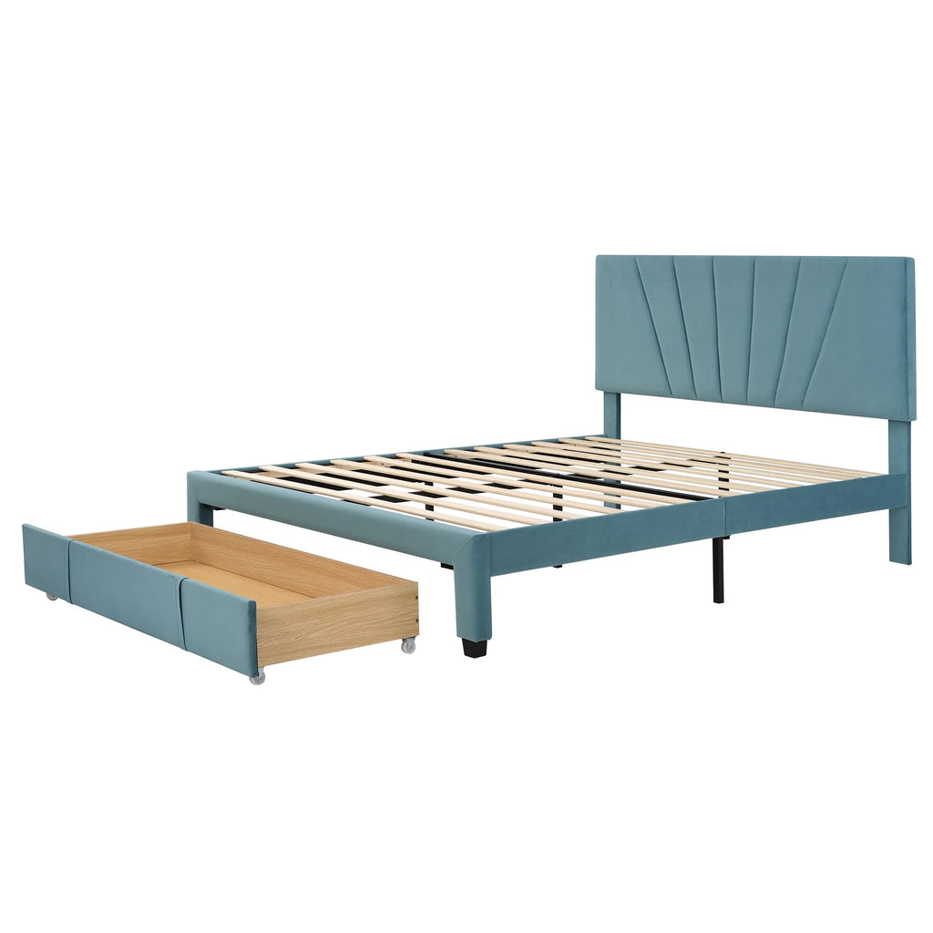 Queen Velvet Upholstered Platform Bed Frame with Drawer R43316