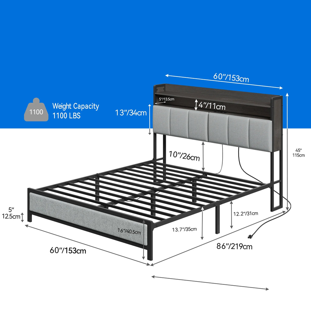 Gray LED Light Bed Frame with Storage and Upholstered Headboard N5202