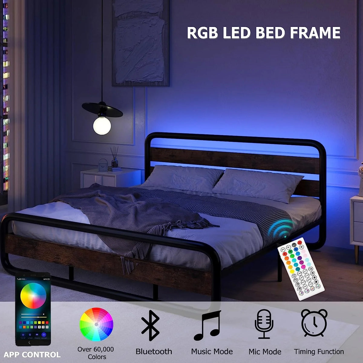 Queen Size Bed Frame with Wood Headboard and LED Lights U238424