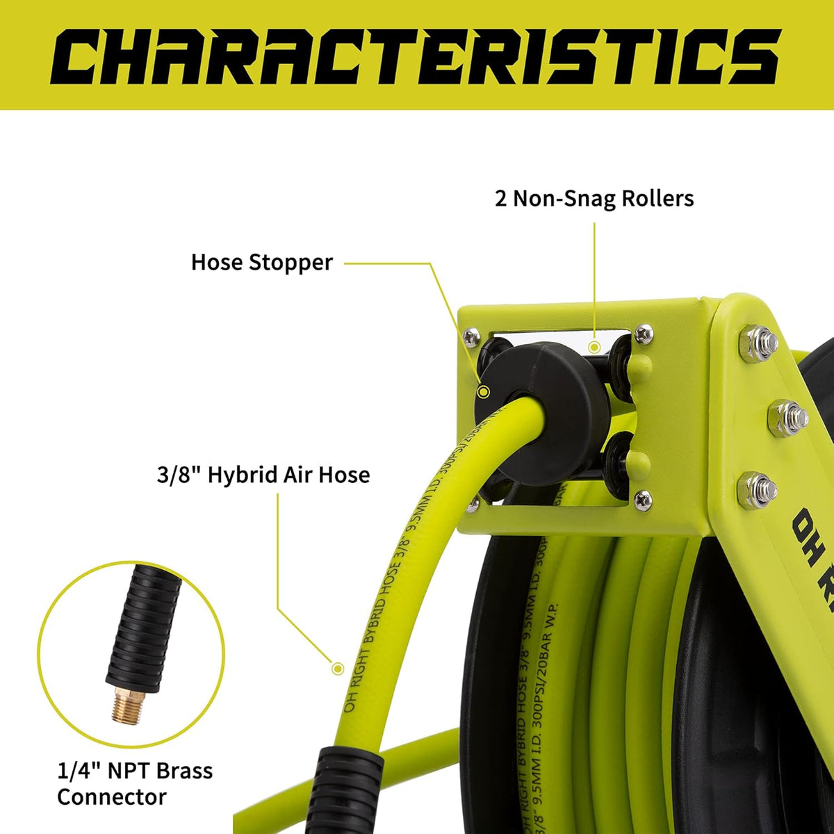 Retractable Air Hose Reel 3/8" 50ft+3ft, Hybrid Air Hose 300 PSI N532872