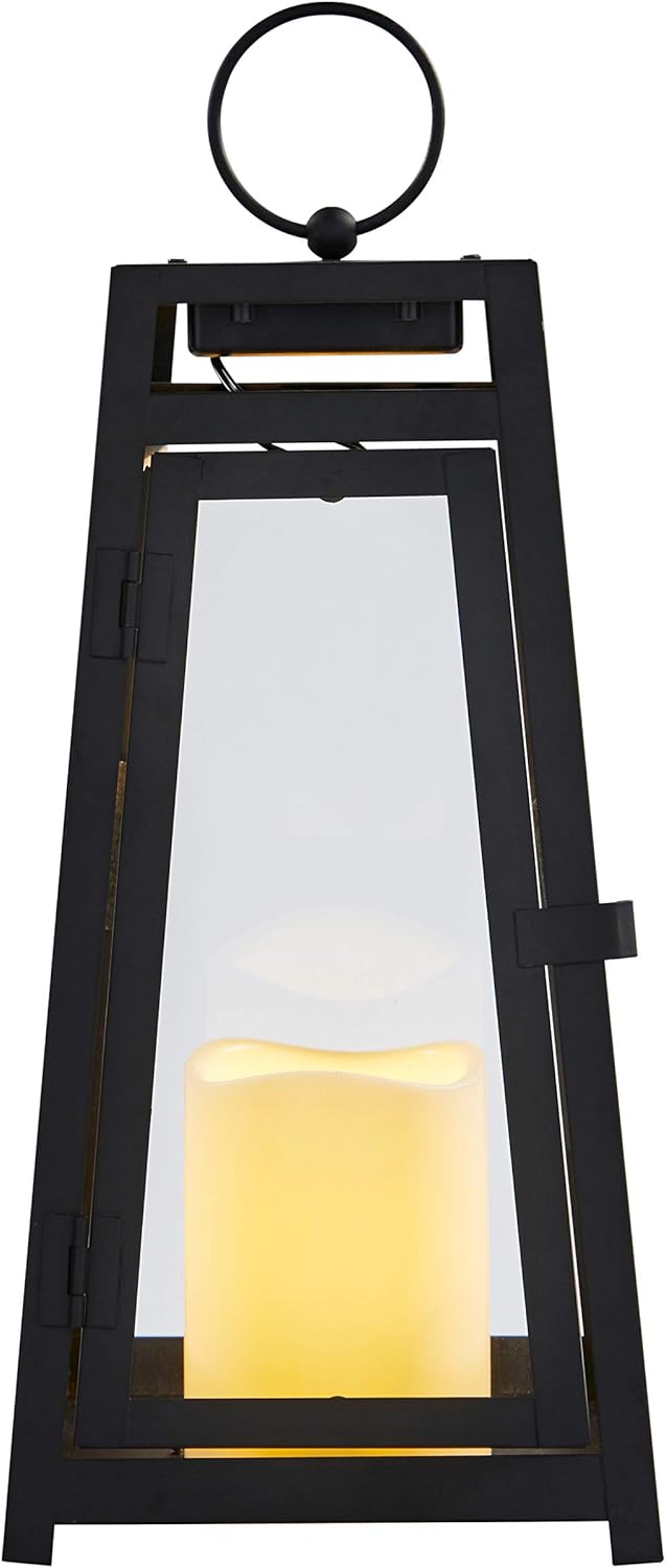 14” Black Metal Solar Powered LED Flameless Candle Lantern L602