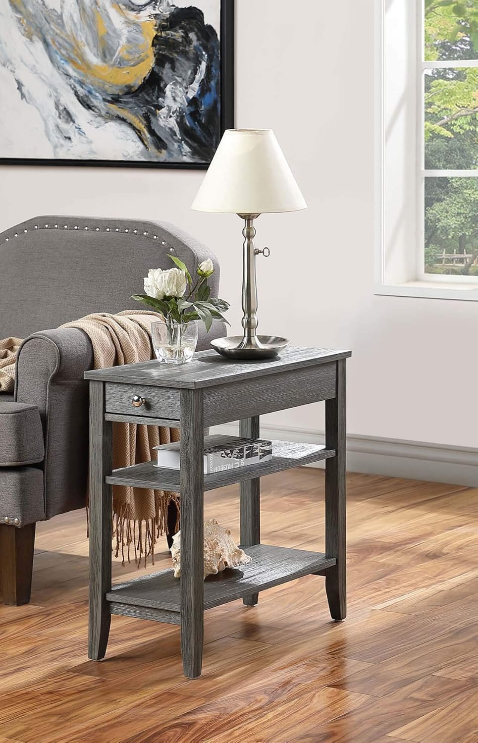 Three Tier End Table with Drawer, Dark Gray J6902