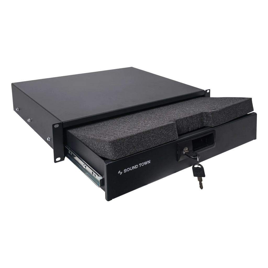 12U PA DJ Pro Audio Rack Road ATA Case with 11U Slant Mixer Top, Locking Drawer, Side Table, 20’’ Rackable Depth and Casters I646866