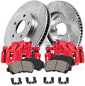Red Coated Calipers Drilled Slotted Rotors Ceramic Pads Brake Kit T27461