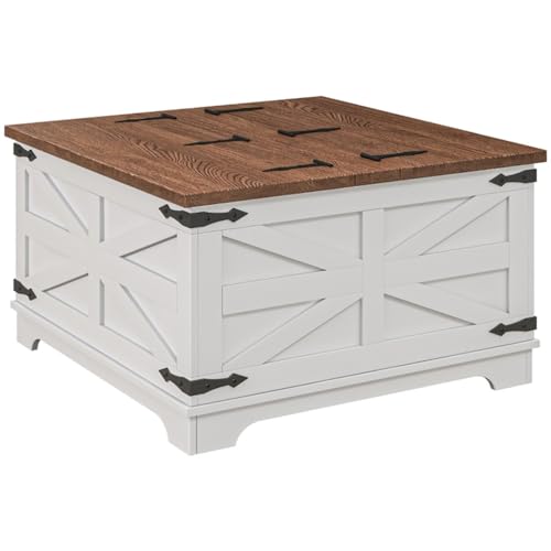 Distressed White & Brown Square Storage Coffee Table with Hinged Lift Top X4558