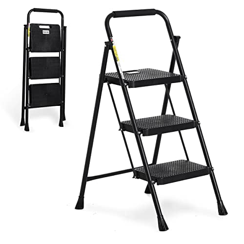 3 Step Folding Steel Step Ladder with Handgrip, 500 Lbs, Black T936