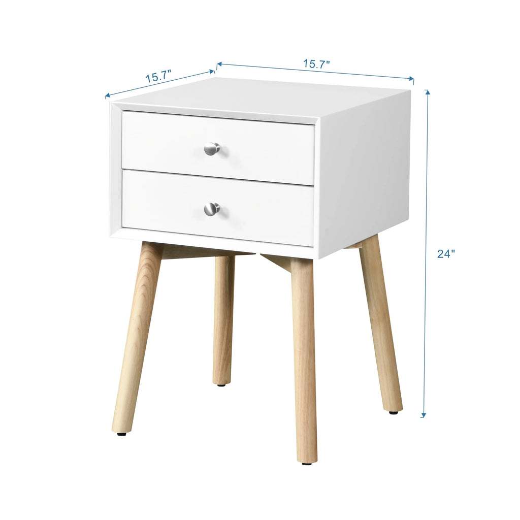 White Bedside Table with 2 Drawers and Rubber Wood Legs Y6259