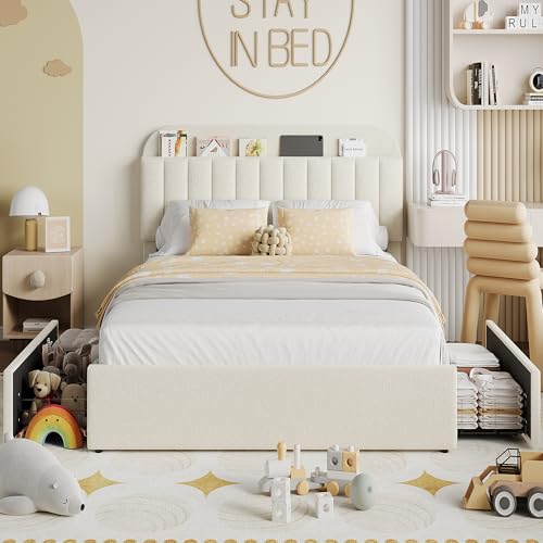 Beige Boucle Upholstered Twin Platform Bed with 2 Drawers J30555