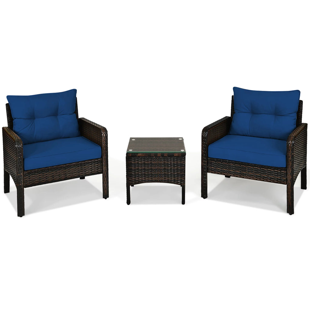3 Pcs Rattan Patio Conversation Set with Navy Cushions F2137