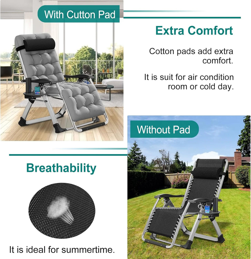Zero Gravity Reclining Patio Folding Chair with Removable Cushion, Cup Holder, Support 440 LBS F930