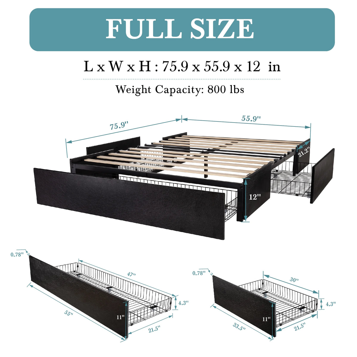 Dark Grey Queen Size Platform Bed Frame with 3 Storage Drawers T2782