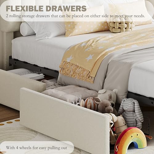 Beige Boucle Upholstered Twin Platform Bed with 2 Drawers J30555