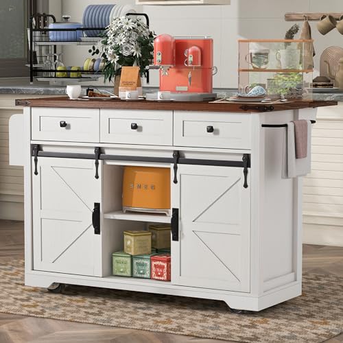 54.5" Kitchen Island with Drop Leaf, Storage Cabinet, 3 Drawer A27258